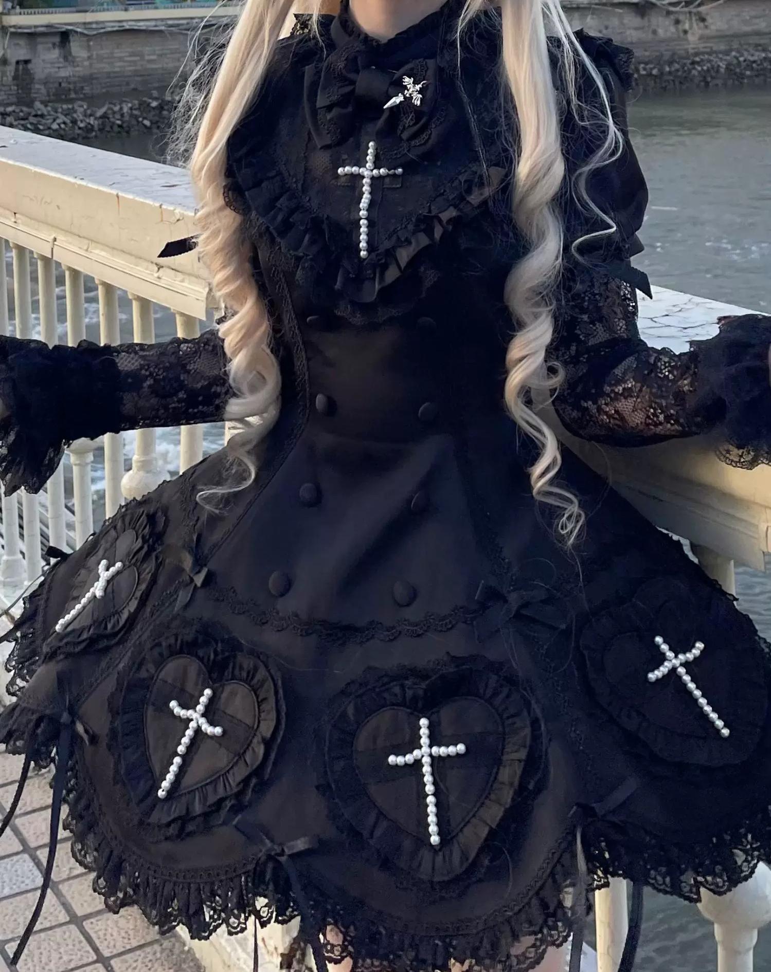 Nocthymn Cross - Gothic Lolita OP Dress with Pearled Cross, Detachable Sleeves 45813:863445
