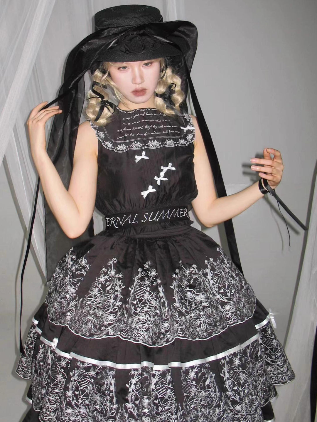 ZJstory~Sonnet Summer~Sweet Lolita Dress Set Embroidery Shirt Tiered Jumper Dress Black - tiered skirt Only S