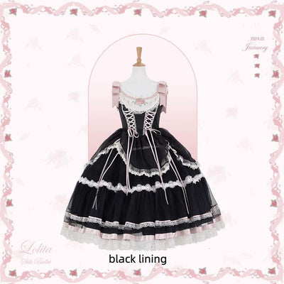Flower and Pearl Box~Silk Ballet~Wedding Lolita JSK Dress Princess Bridal Dress XS Long JSK (Black Pink) (Black Lining) 