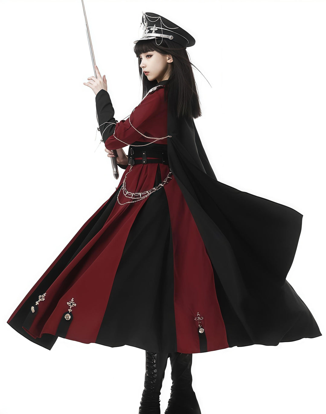 CHUNLV LOLITA~Crimson Knight~Military Lolita Dress Outfit Red OP Black Cloak Waistband