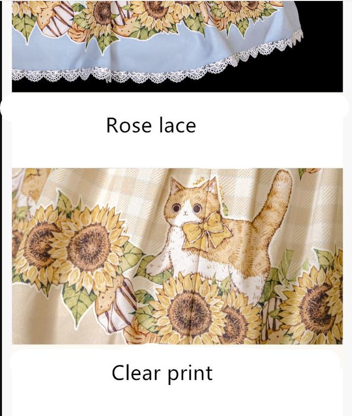 Chaton Jardin~Sunny Cat~Sweet Lolita Suspenders SK Sunflower Print Lolita Skirt   