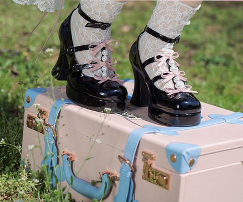 Pure Tea For Dream~Sweet Lolita Platform Pearl Bow Shoes 34 black pink (34 35 36 37 38 39 40 41) 16296:217908