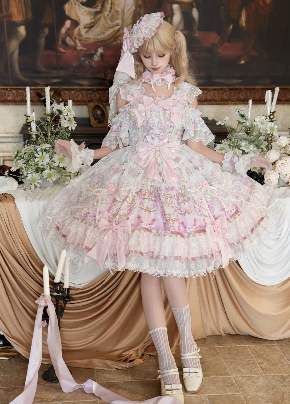Gorgeous Classic Lolita Rose Printed JSK Dress with Lace