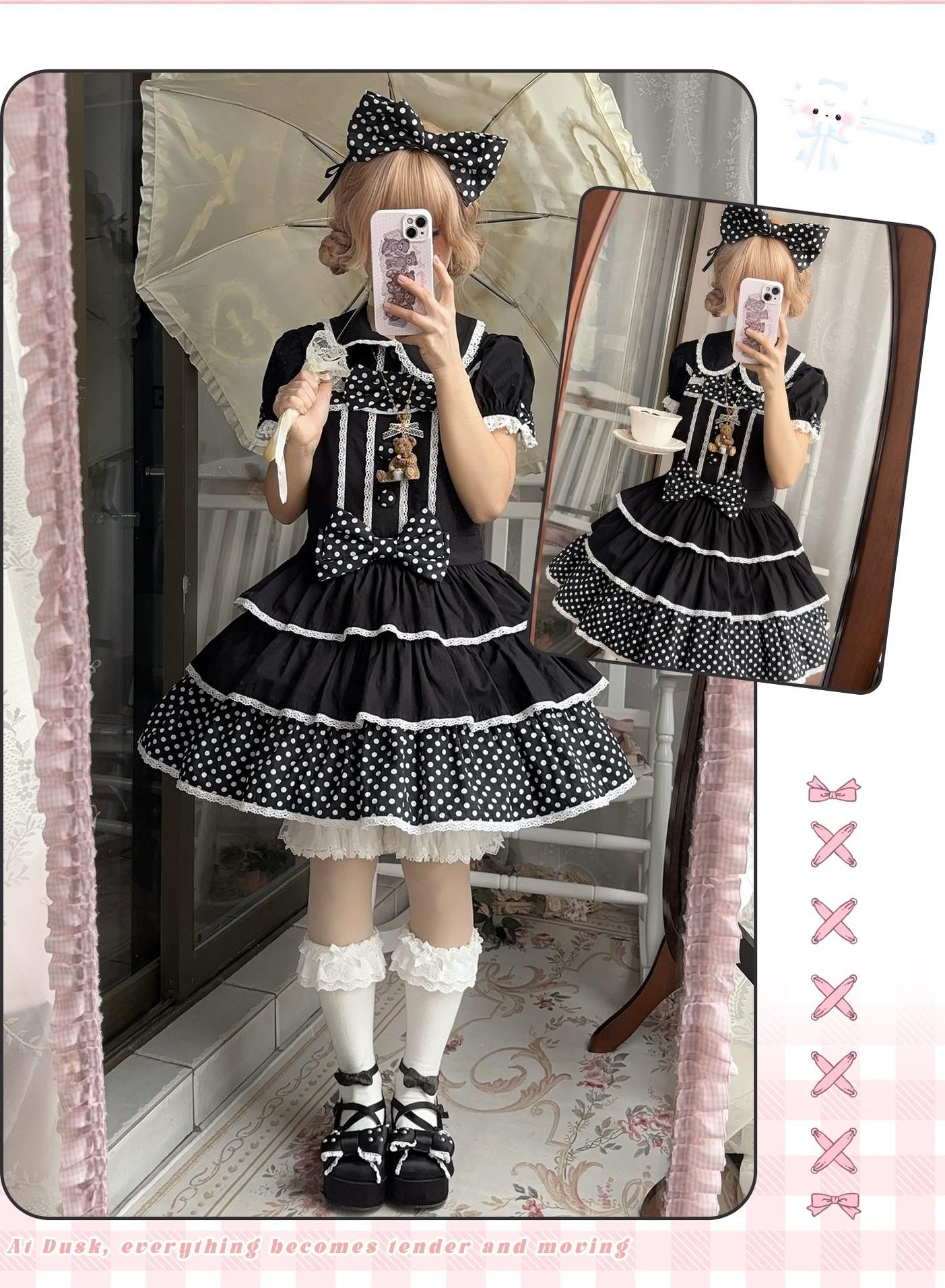 Sweet Dream Sheep - Polka Dot Tri-Hem - Cotton Sweet Lolita Salopette, Peter-pan Shirt