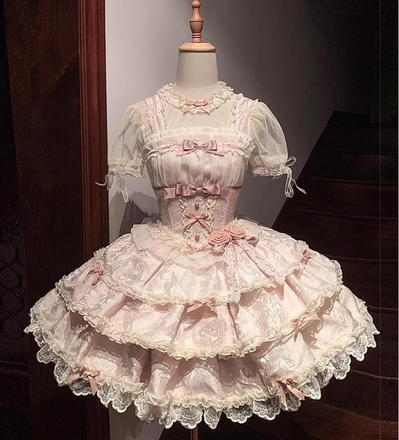 Buling Moon - Ballet Elegance - Sweet Lolita Mini JSK Set with Tulle Shirt and Headdress Pink bow shirt only S