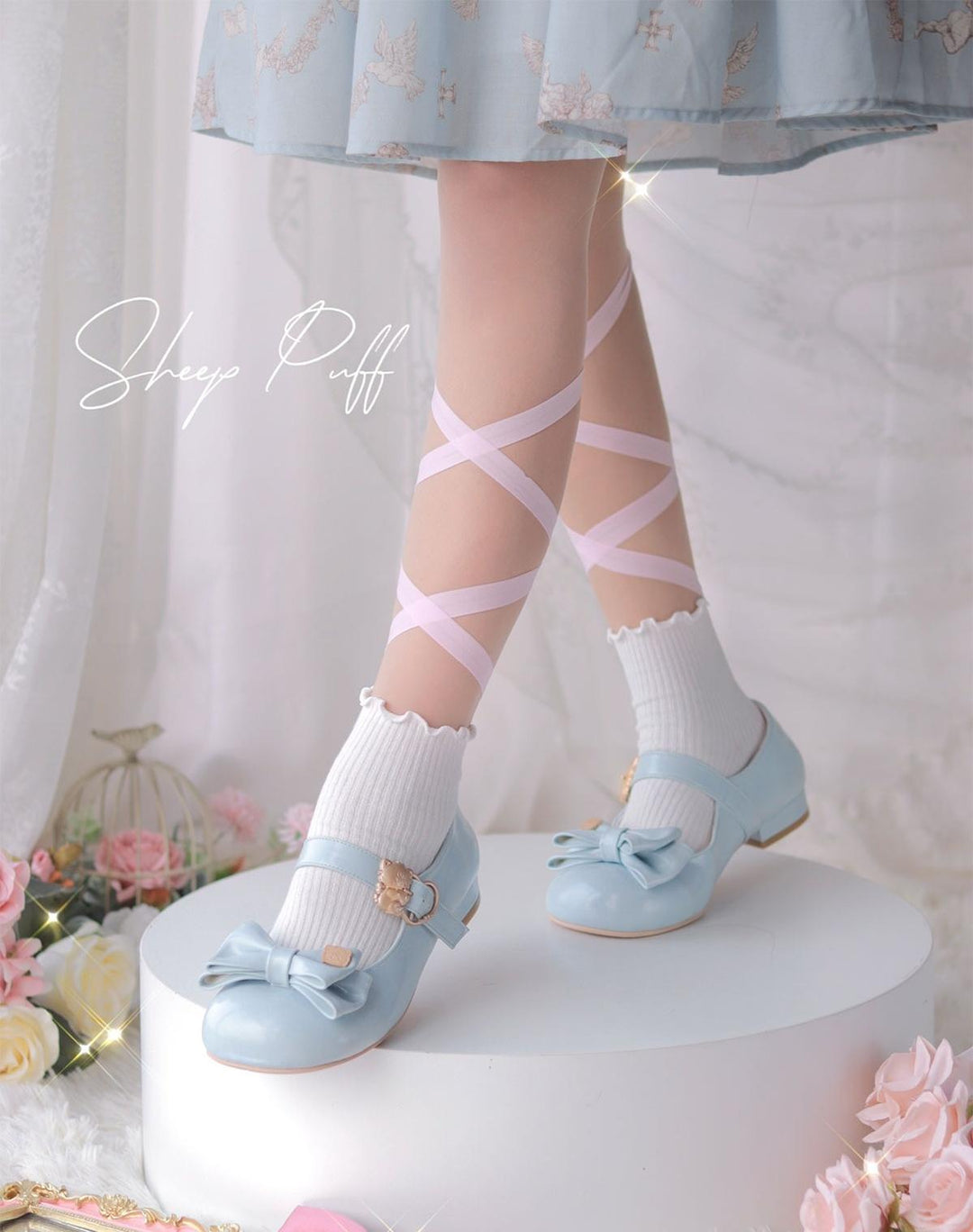 Sheep Puff~Mikko Hug~Sweet Lolita Shose Round Toe Lolitta Heels Butterfly Bow