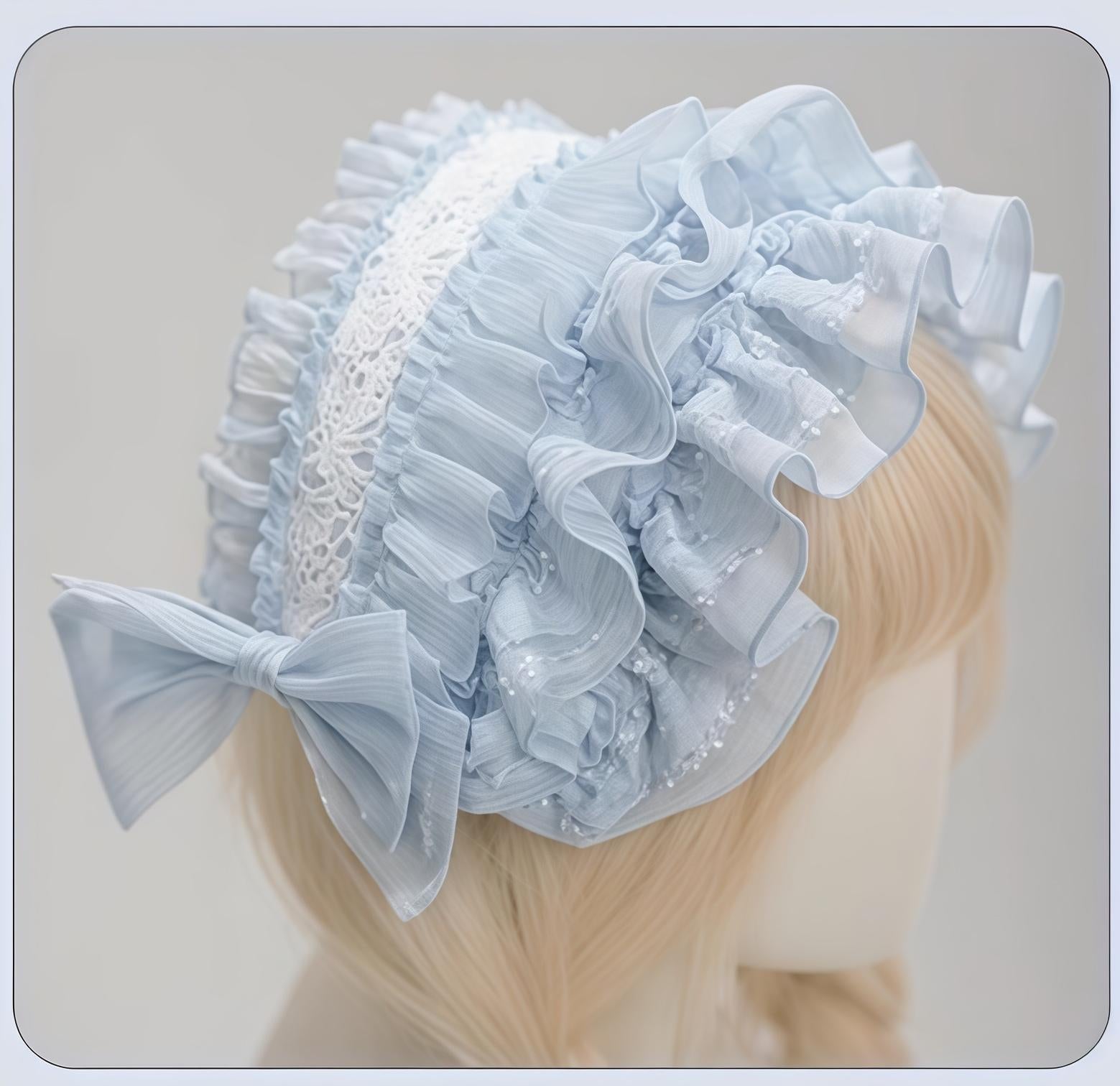 Honey Machine - Blue Whale - Sweet Lolita OP Suit Tiered Ruffle Dress with Shell Lace Hairband (One Size/ M) S