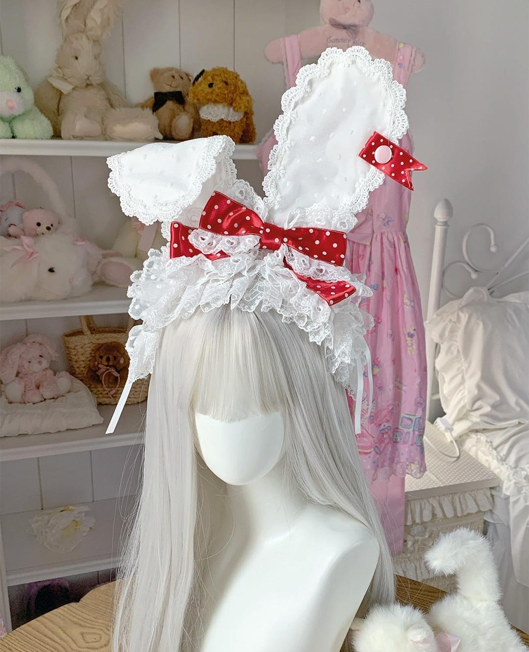Kawaii Lolita Bunny Ear Hairband, Polka Dot Bow