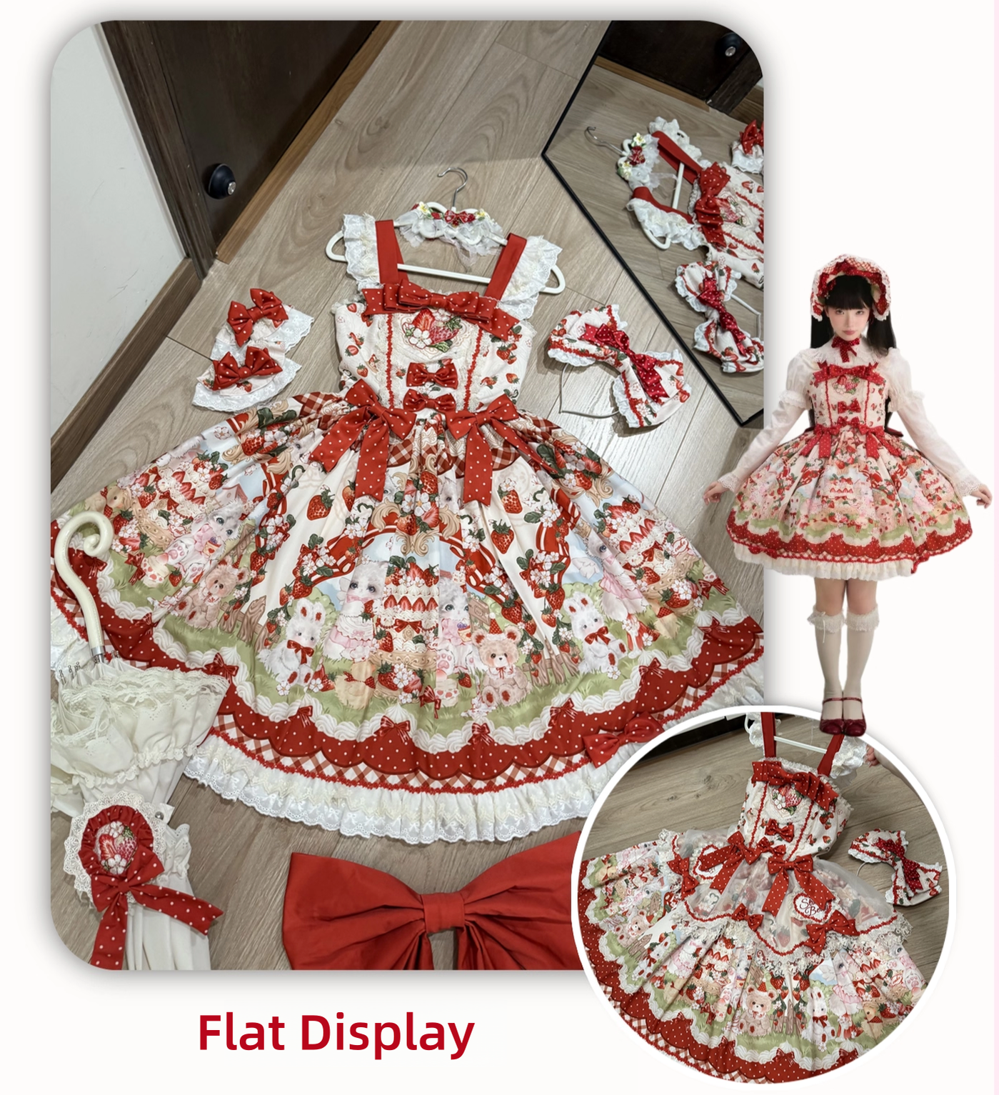 Strawberry Cat - Printed Sweet Lolita JSK Dress, Embroidered Strawberry