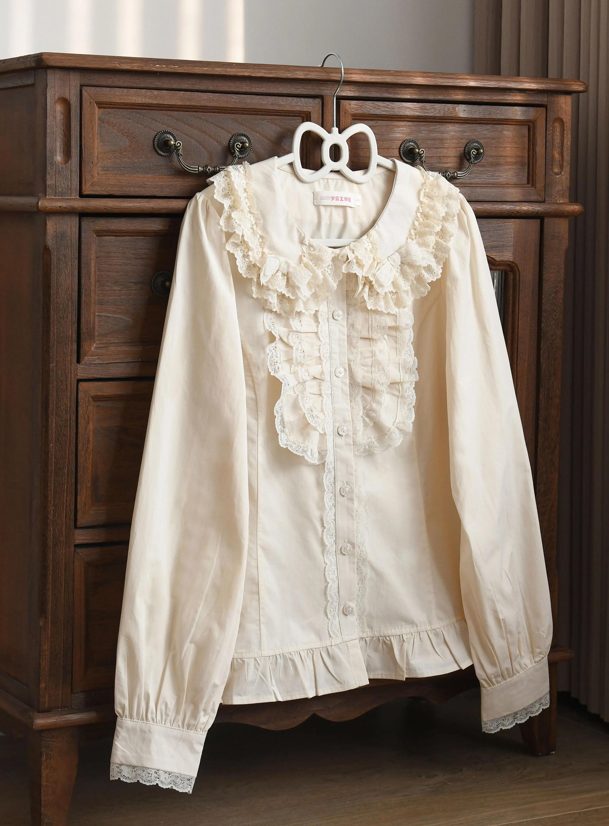 MIST - Half Sugar Milk Cake - Kawaii Lolita Blouse Peter-pan Collar and Puffy Sleeve Shirt Beige S