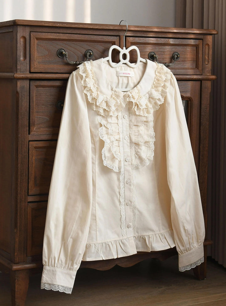 MIST~Half Sugar Milk Cake~Kawaii Lolita Blouse Peter-pan Collar and Puffy Sleeve Shirt Beige S