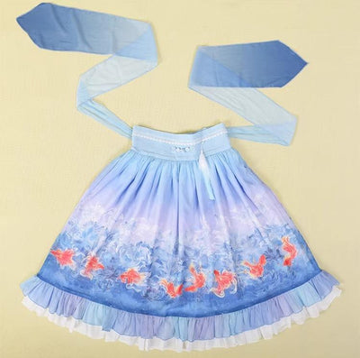 (BFM)EdenLost~Lotus Fish~Wa Style Goldfish Lolita SK Blue Skirt Free size Blue skirt 
