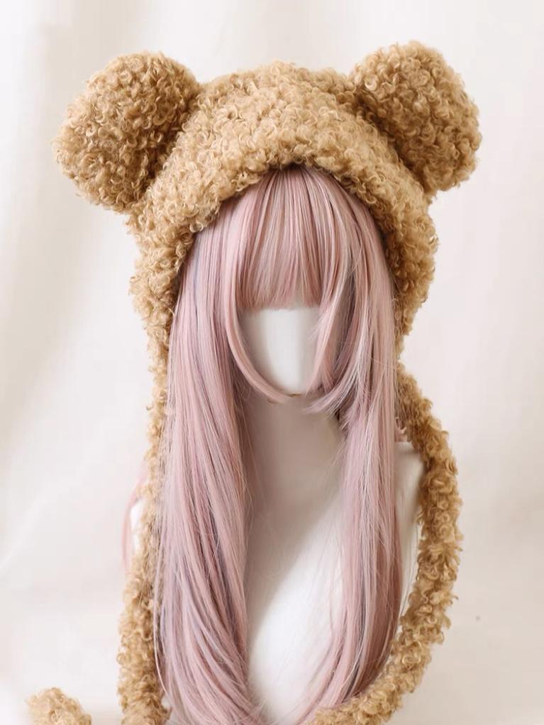 Xiaogui~Cute Lolita Teddy Bear Ears Hat Kawaii Winter Hat M(56-58cm) Furry Bear Ear Hat (Brown) 