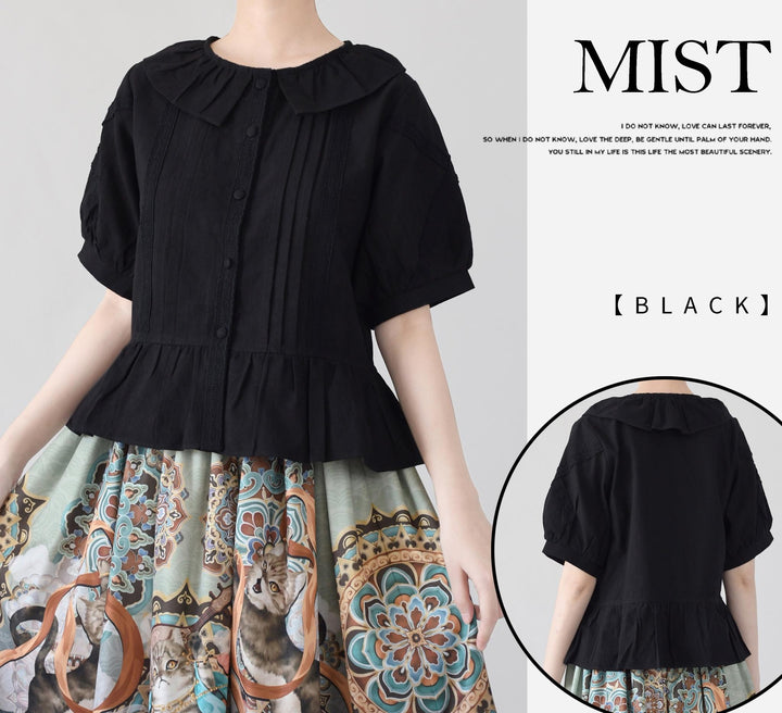MIST~Spring Retro~Cotton Kawaii Lolita Shirt with Ruffled Neck and Lace Detail (L M S XL) 42777:753219
