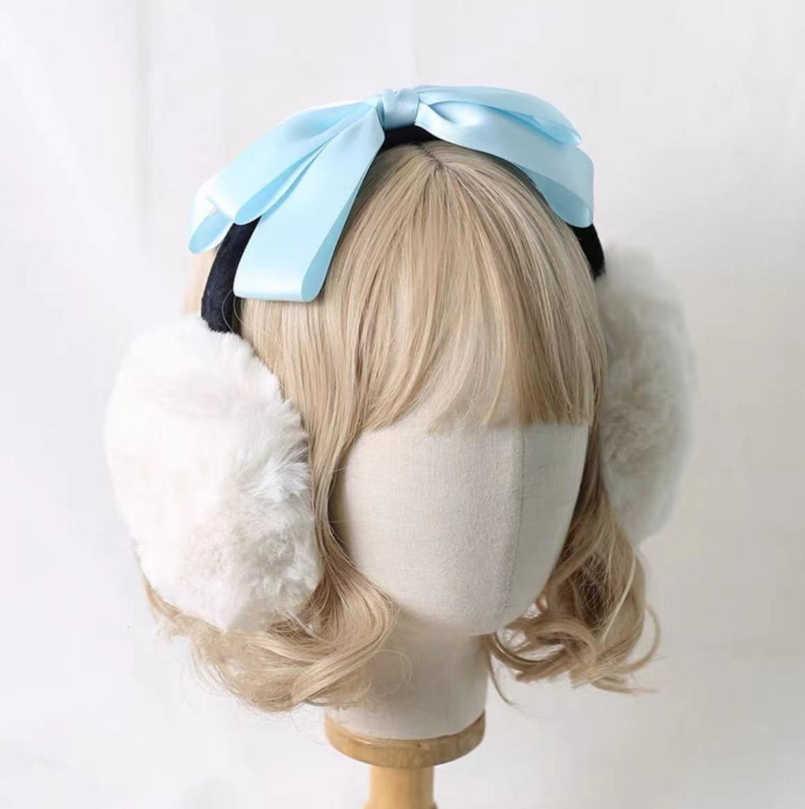 Xiaogui - Winter Lolita Earmuff Bow Plush Earmuff Ear Protector Aqua Blue