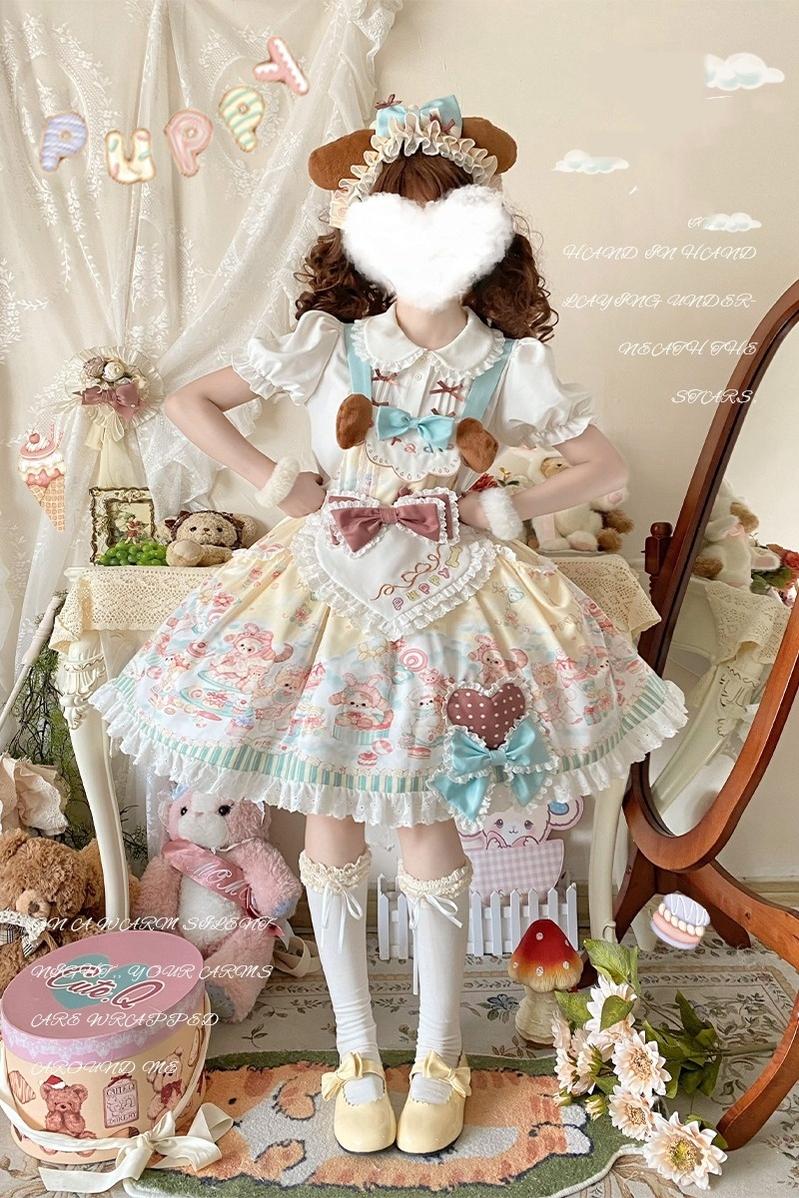 YingLuoFu~Sweet Pet Paradise~Kawaii Lolita Salopette Dress Pet Print Free Size FS (salopette (including apron) + shirt + KC) 