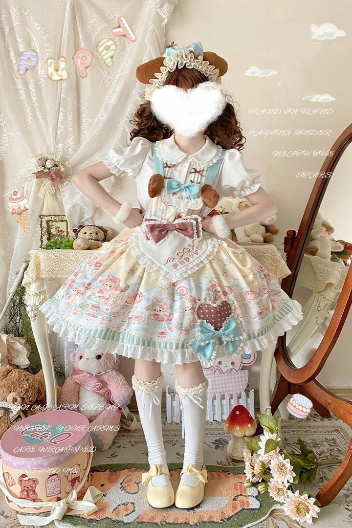 YingLuoFu~Sweet Pet Paradise~Kawaii Lolita Salopette Dress Pet Print Free Size FS (salopette (including apron) + shirt + KC)