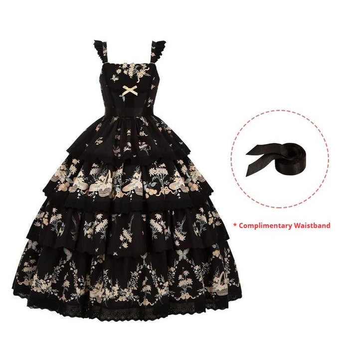 With PUJI~Letter and Poetry~Classic Lolita JSK Suit Four-tiered Twins Dress Black JSK+waistband S