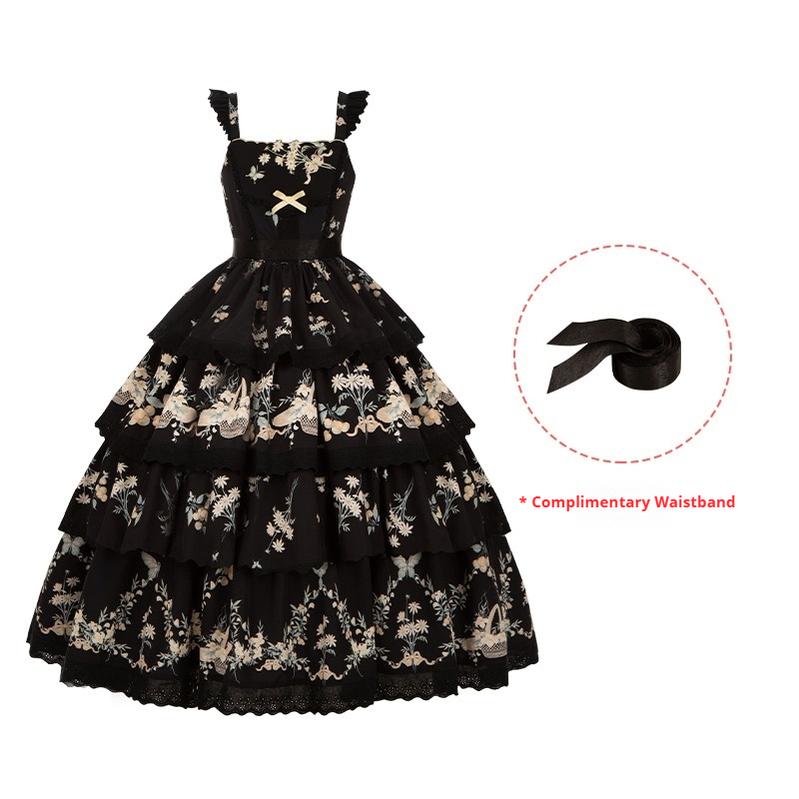 With PUJI - Letter and Poetry - Classic Lolita JSK Suit Four-tiered Twins Dress Black JSK+waistband S