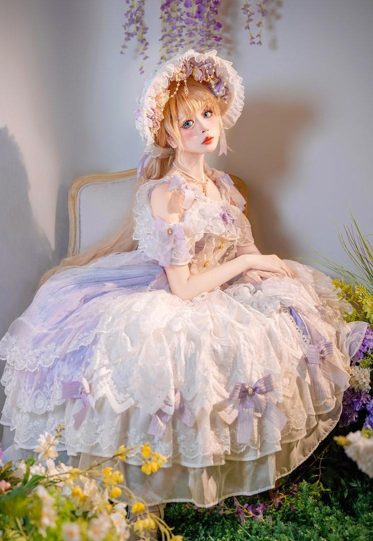 Liuli Phantom - Plus Size Classic Bridal Lolita JSK Dress, Layered Lace Hem 45741:860522