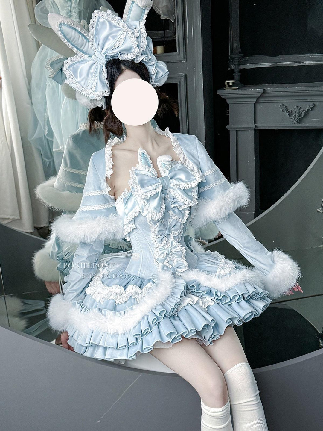 POSHEPOSE~Chuling Swan Lake~Sweet Lolita JSK Set Velvet Blue Dress for Prom