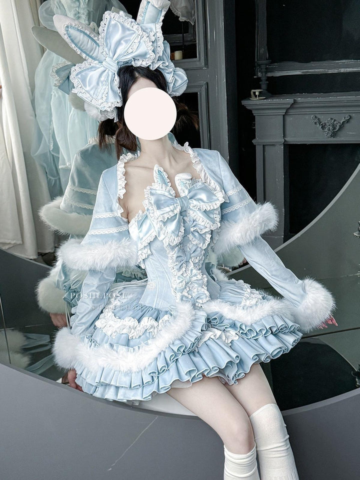 POSHEPOSE~Chuling Swan Lake~Sweet Lolita JSK Set Velvet Blue Dress for Prom