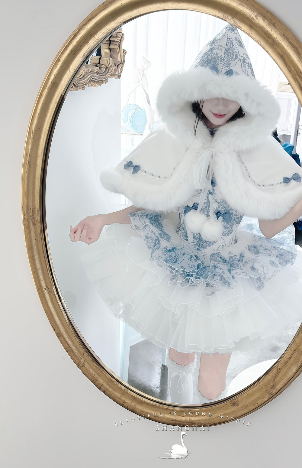 POSHEPOSE~Blue and White Porcelain~Princess Lolita Cake Skirt JSK Dress Plush Cape Full Set (JSK + Cape + Choker) XS