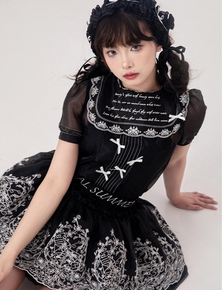 ZJstory~Sonnet Summer~Sweet Lolita Dress Set Embroidery Shirt Tiered Jumper Dress Black - back placket shirt Only S