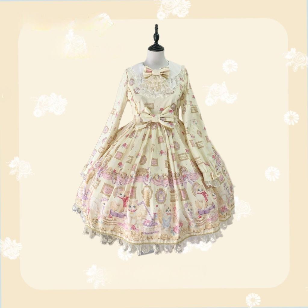 Discovering Treasures - Picture Frame Cat - Kawaii Lolita Dress Suit Cat Print JSK and OP (L M S XL) 42605:746472