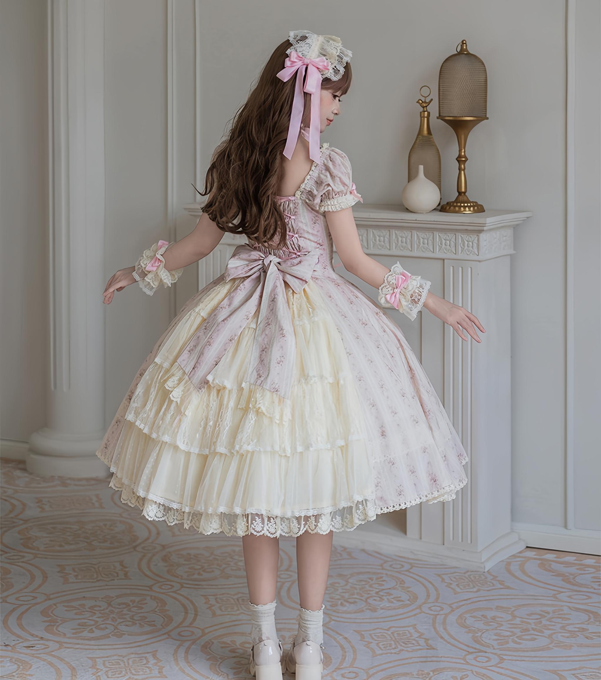 Garden Encounter of Three Springs - Cotton Old School Lolita Floral Print OP, Lace Back Opening 45674:858628
