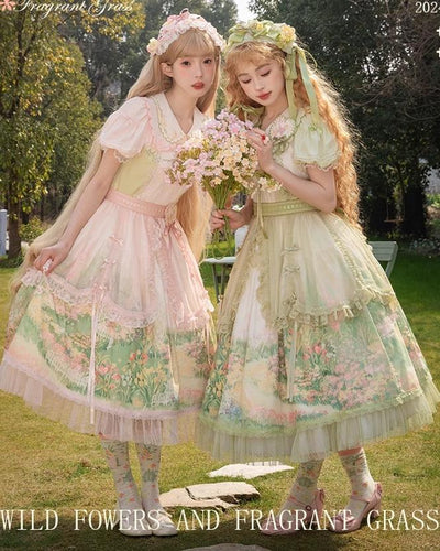 Flower and Pearl Box~Wild Flowers and Fragrant Grass~Country Lolita Blouse and Innerwear with Apron Dress Set   
