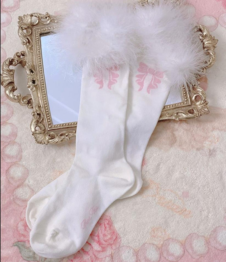 White Tea Dream~Cotton Lolita Calf Socks Knit Pink Bow Turkey Feather Socks   