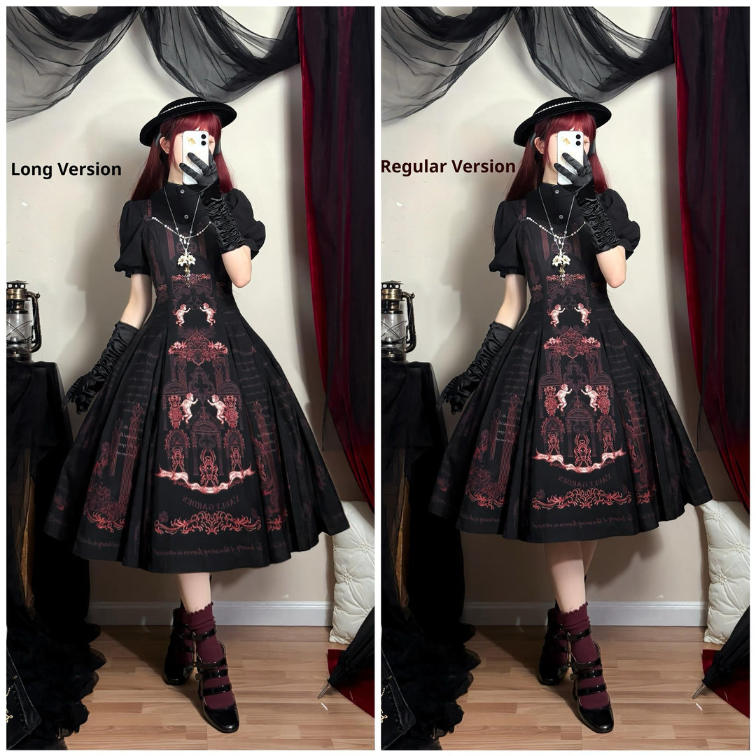 Vault Design~Angel Garden~Gothic Lolita JSK Black Jumper Skirt with Red Prints Regular JSK - XS