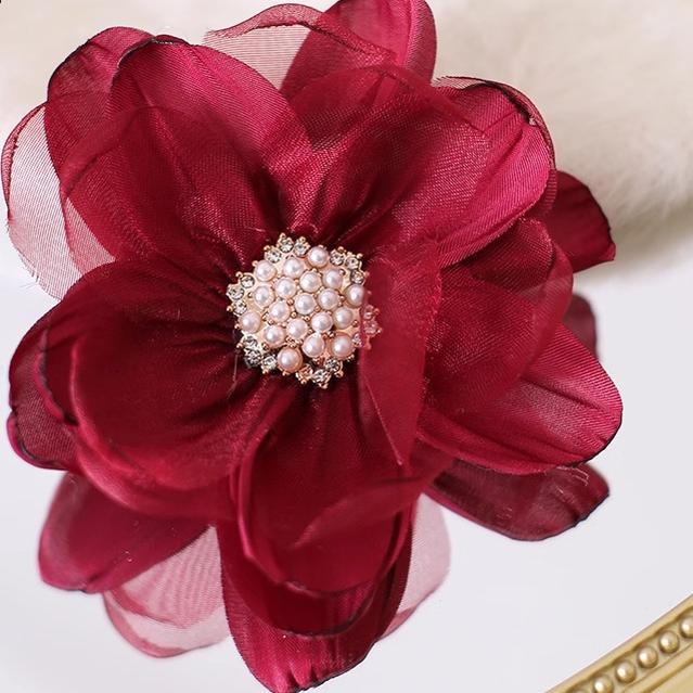 Xiaogui - Elegant Lolita Headdress Organza Flower Hairpin Burgundy stamen diamond