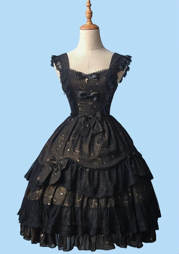 Star Wish - Classic Lolita JSK Dress, Gold Foil Constellation Chiffon 45954:869305