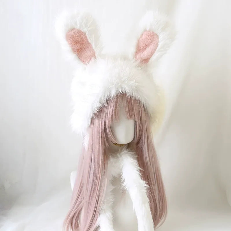 Xiaogui - Sweet Lolita Hat Bunny Ear Plush Warm Headwear M (56-58cm) White