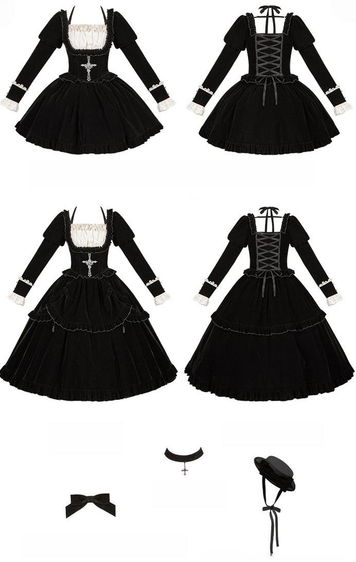 With PUJI - Apocalypse - Gothic Lolita Velvet OP Dress Set, Fishbone Waist 44128:797361