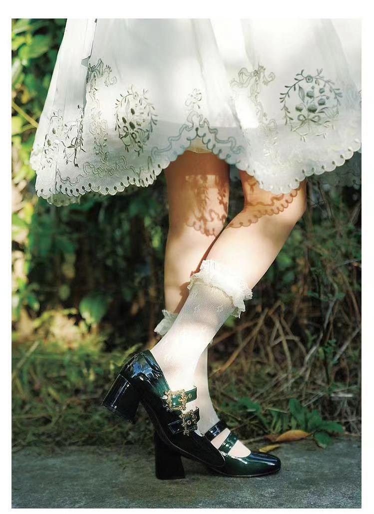 Momo~Midsummer Story~Retro Lolita Heels Shoes Mary Jane Shoes 34 High heel patent leather version dark green 