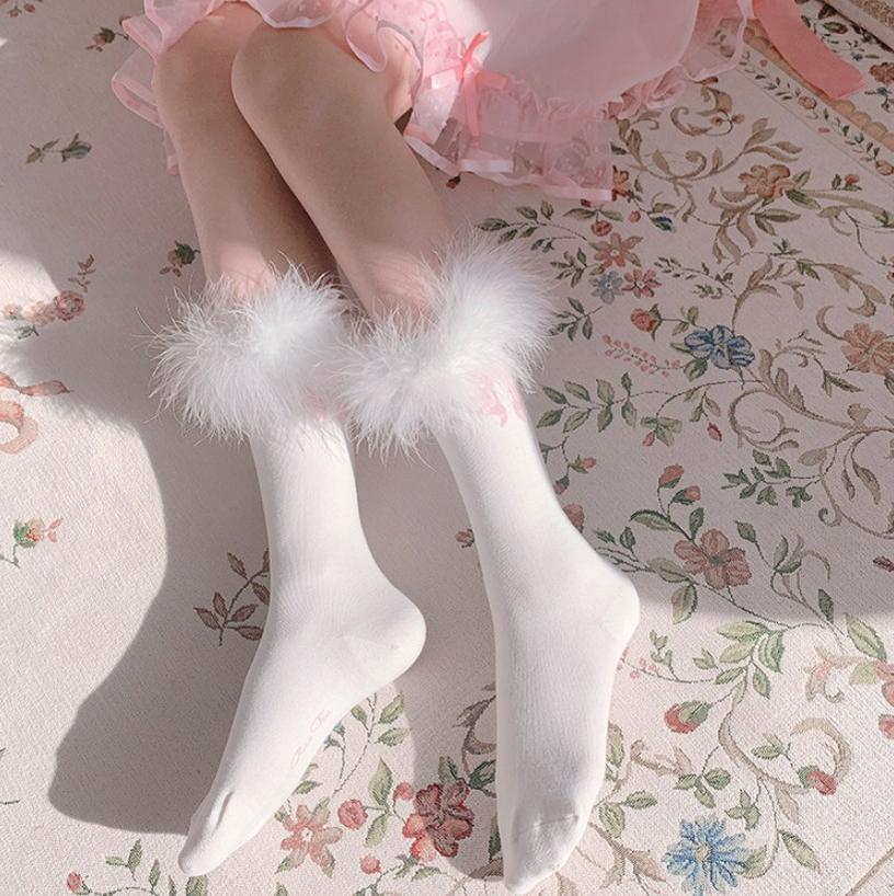 White Tea Dream~Cotton Lolita Calf Socks Knit Pink Bow Turkey Feather Socks Free size White 