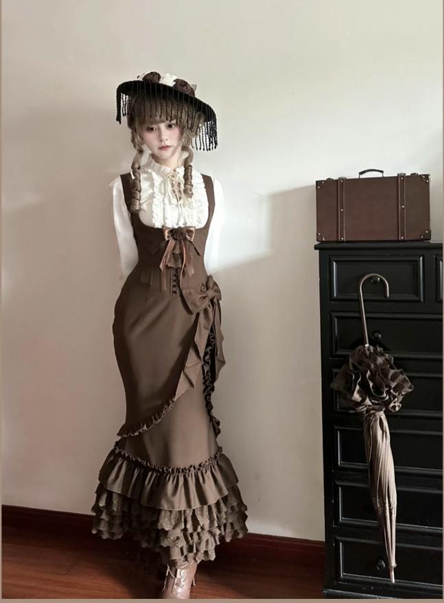 Miss Winnie - Gothic Lolita Blouse & Mermaid JSK Dress Set, Ruffle Lace Hem 46027:872889