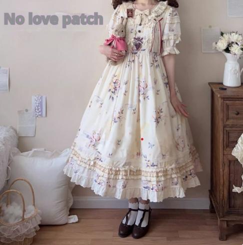 Uncle Wall Original~Bay Rabbit's Tale~Sweet Lolita OP Dress Floral Print S Long OP (without heart patch) 