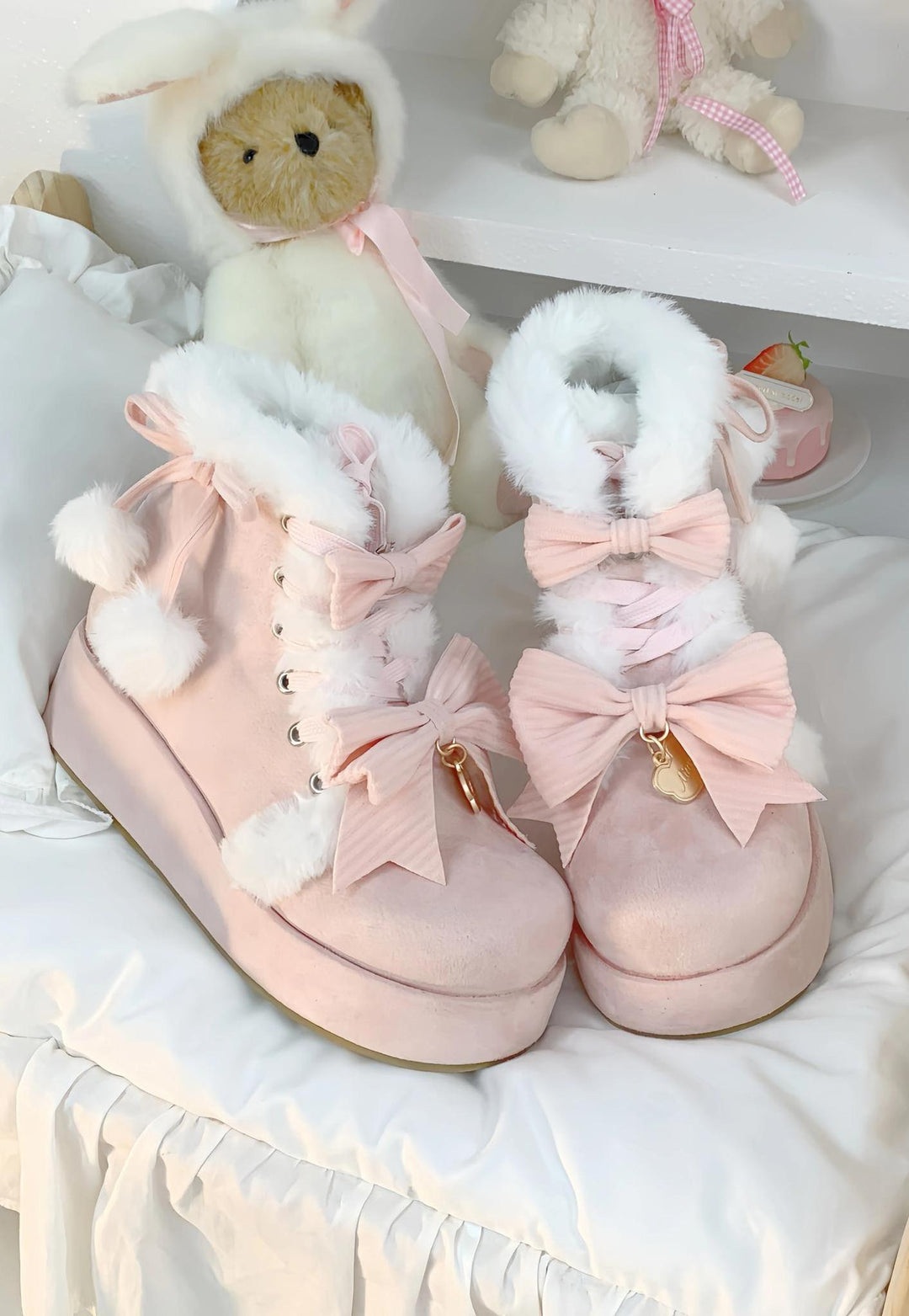 Aimee~Warm~Winter Sweet Lolita Snow Boots Thick Sole Fleece Shoes Creamy Pink 34