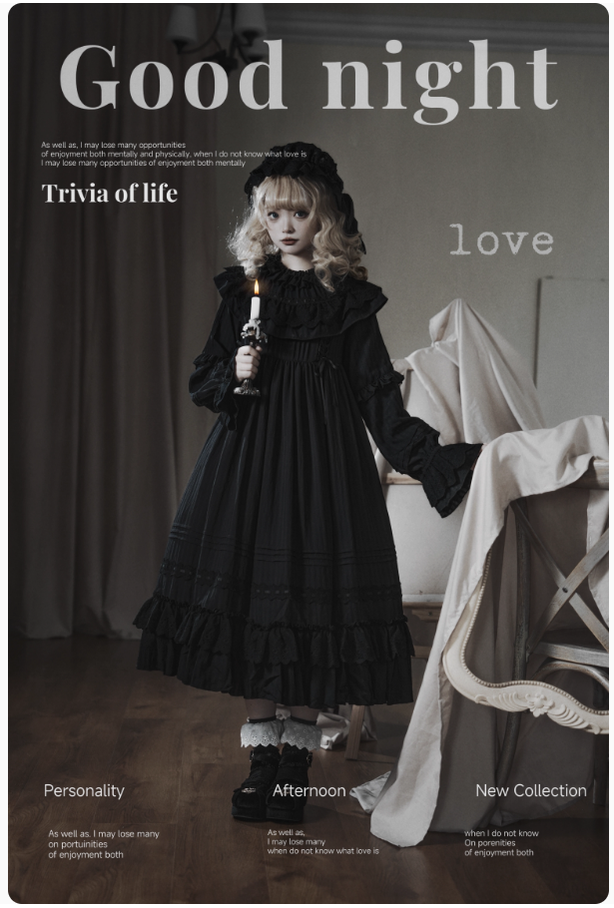 Sanshanjiu - Goodnight Black - Gothic Lolita Black OP with Round Cape Collar Regular OP + Waistband + Hat S