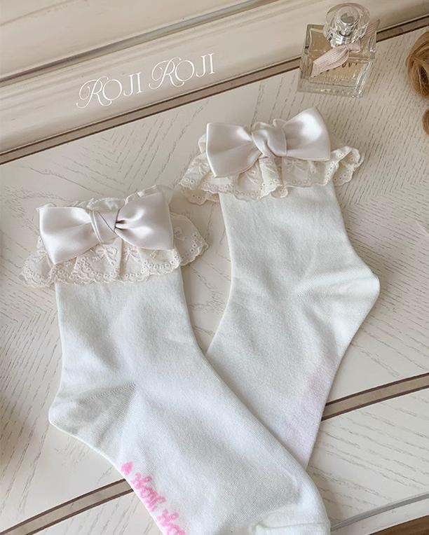 Roji Roji~Cotton Lolita Socks Lace Bow White Socks   