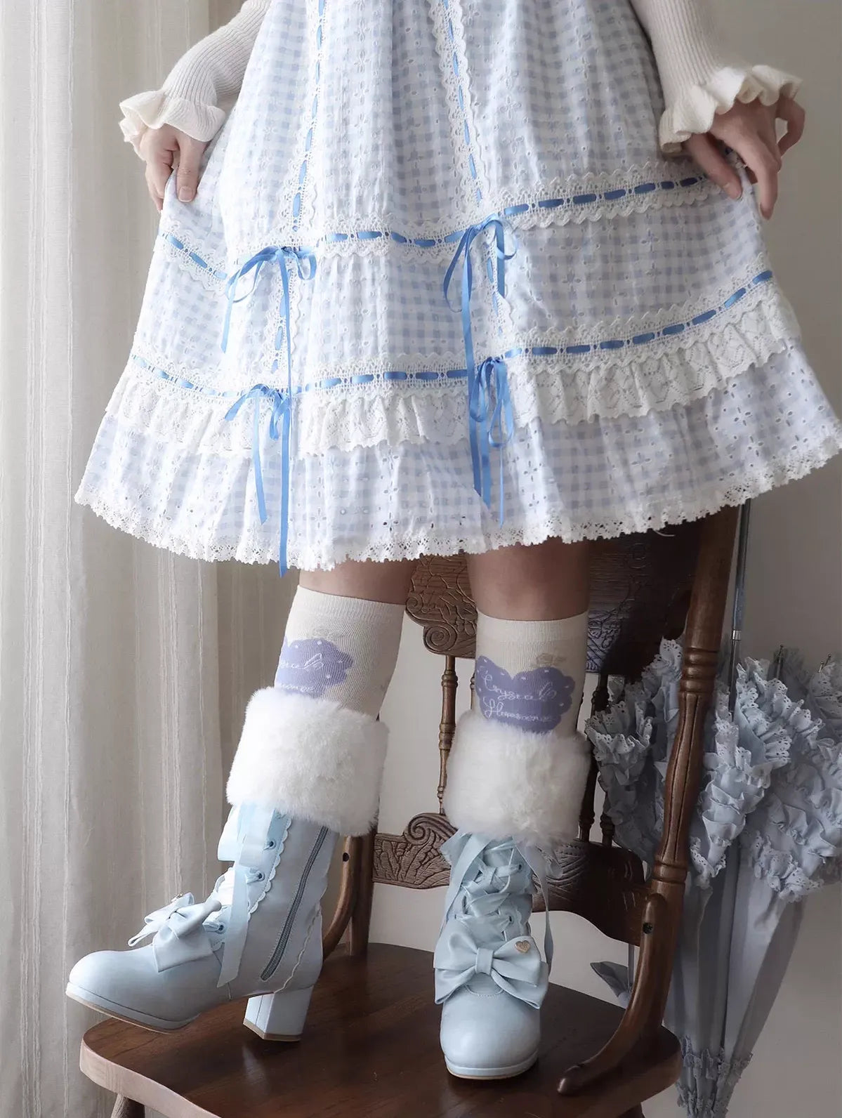 Sheep Puff - Snowy Mochi - Kawaii Lolita Winter Boots, Detachable Fur Trim 43995:791508