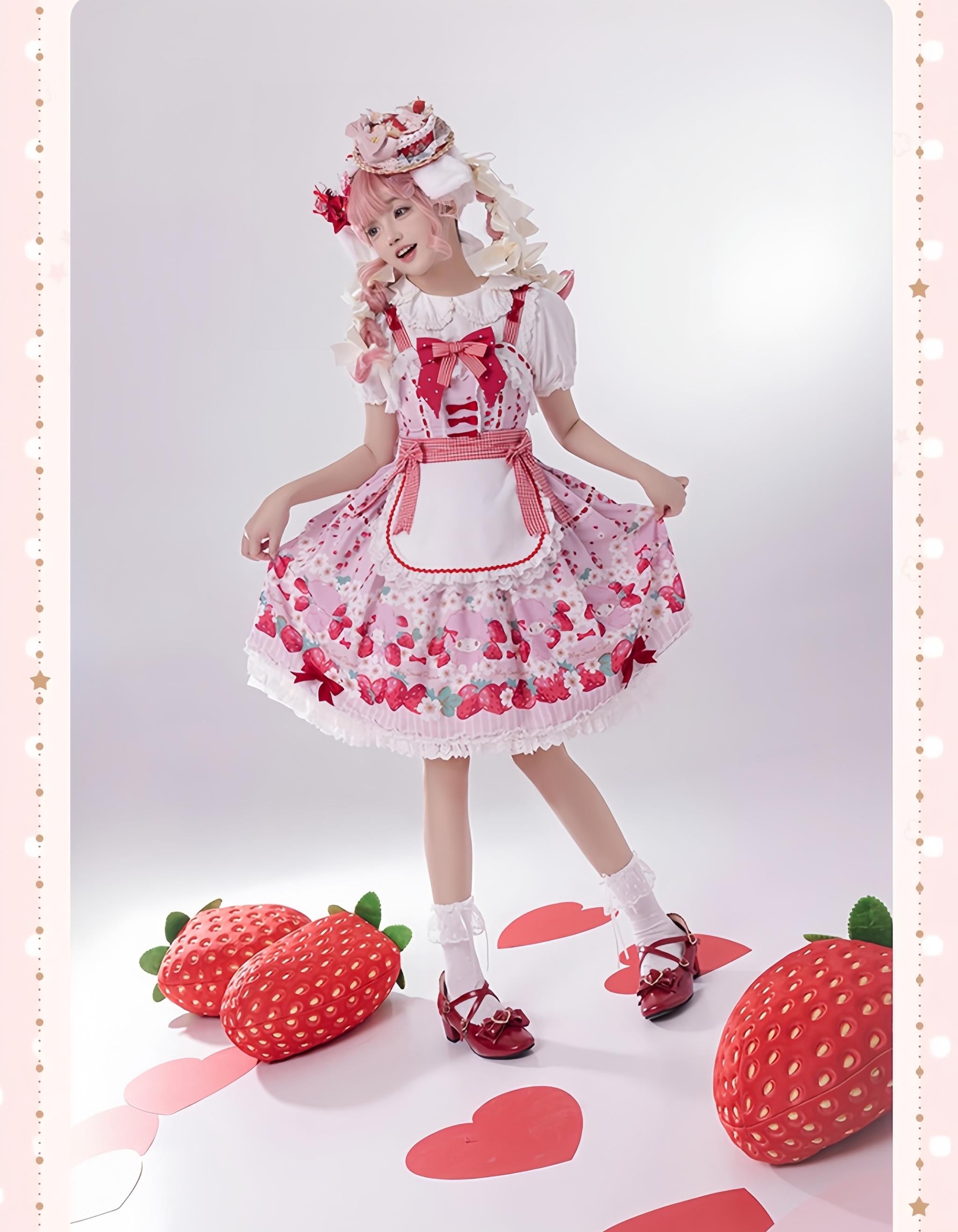 Strawberry Printed Sweet outlet Lolita Dress with 2 Bow Clips