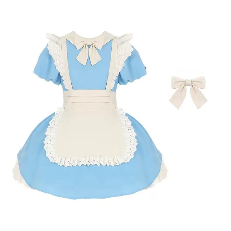 With PUJI~KissKiss~Maid Lolita OP Dress Pleated Lace Multicolor Dress S Blue short OP + beige bow