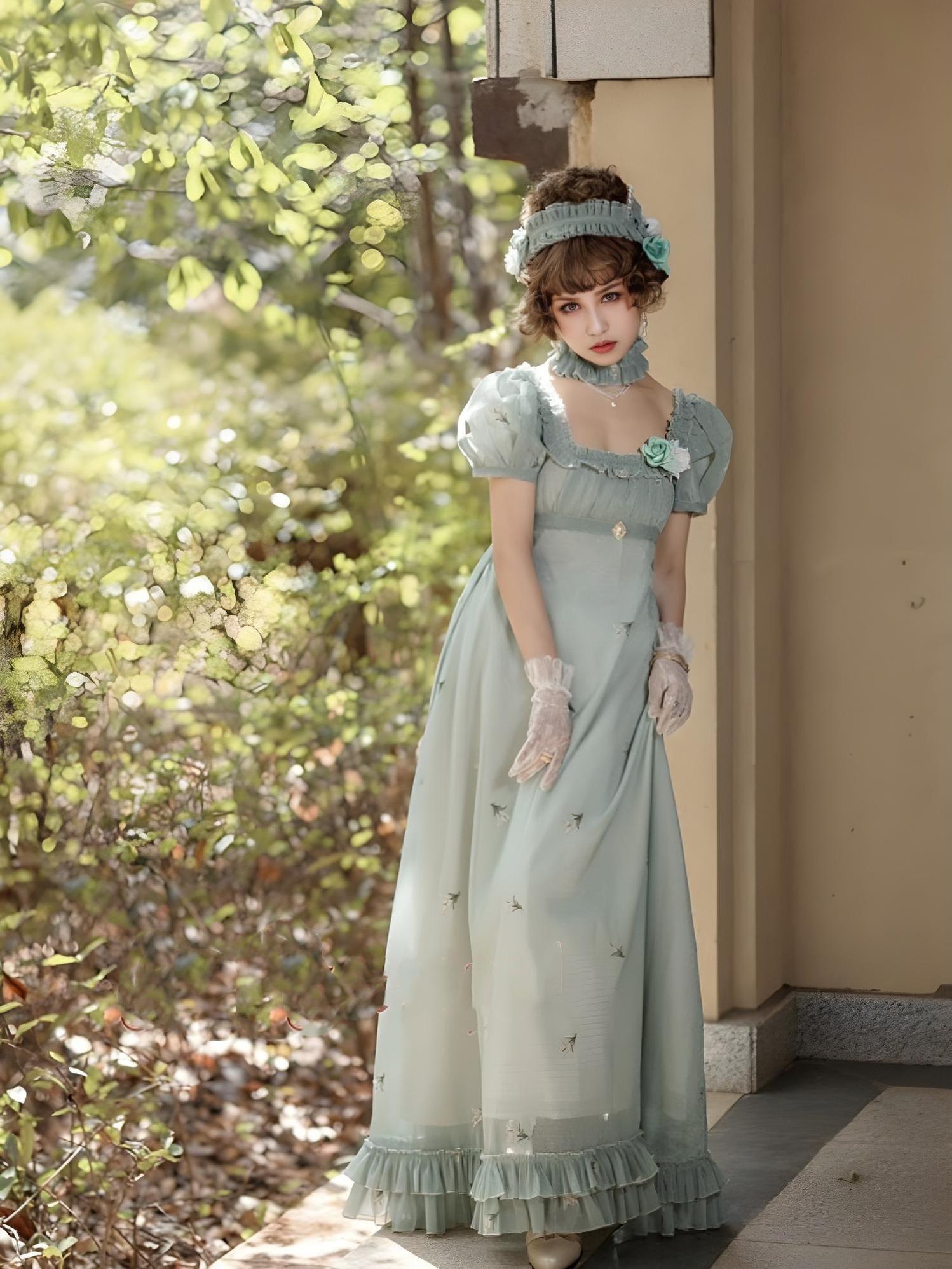 Surface Spell - Spring Rendezvous - Vintage Lolita OP Dress Embroidered Empire Waist Dress S Light green