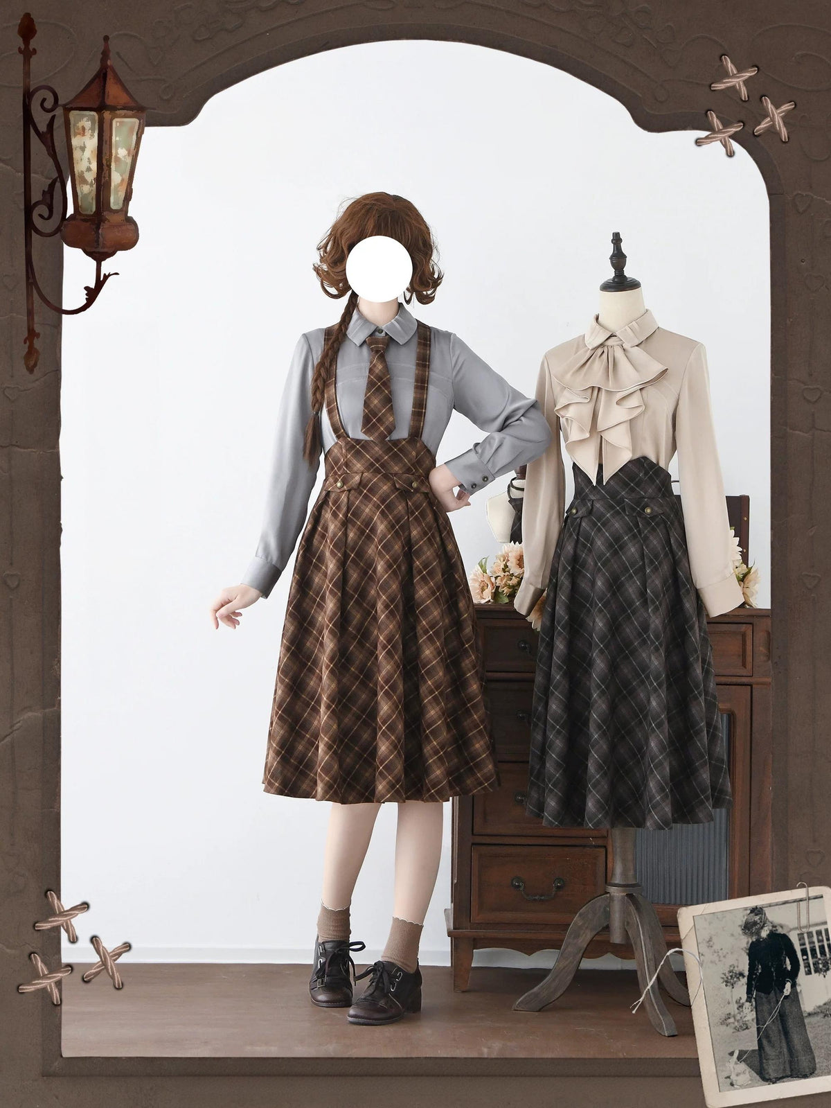 Forest Beats - Elegant Classic Lolita Suspenders Skirt, Plaid Pattern 46082:874471