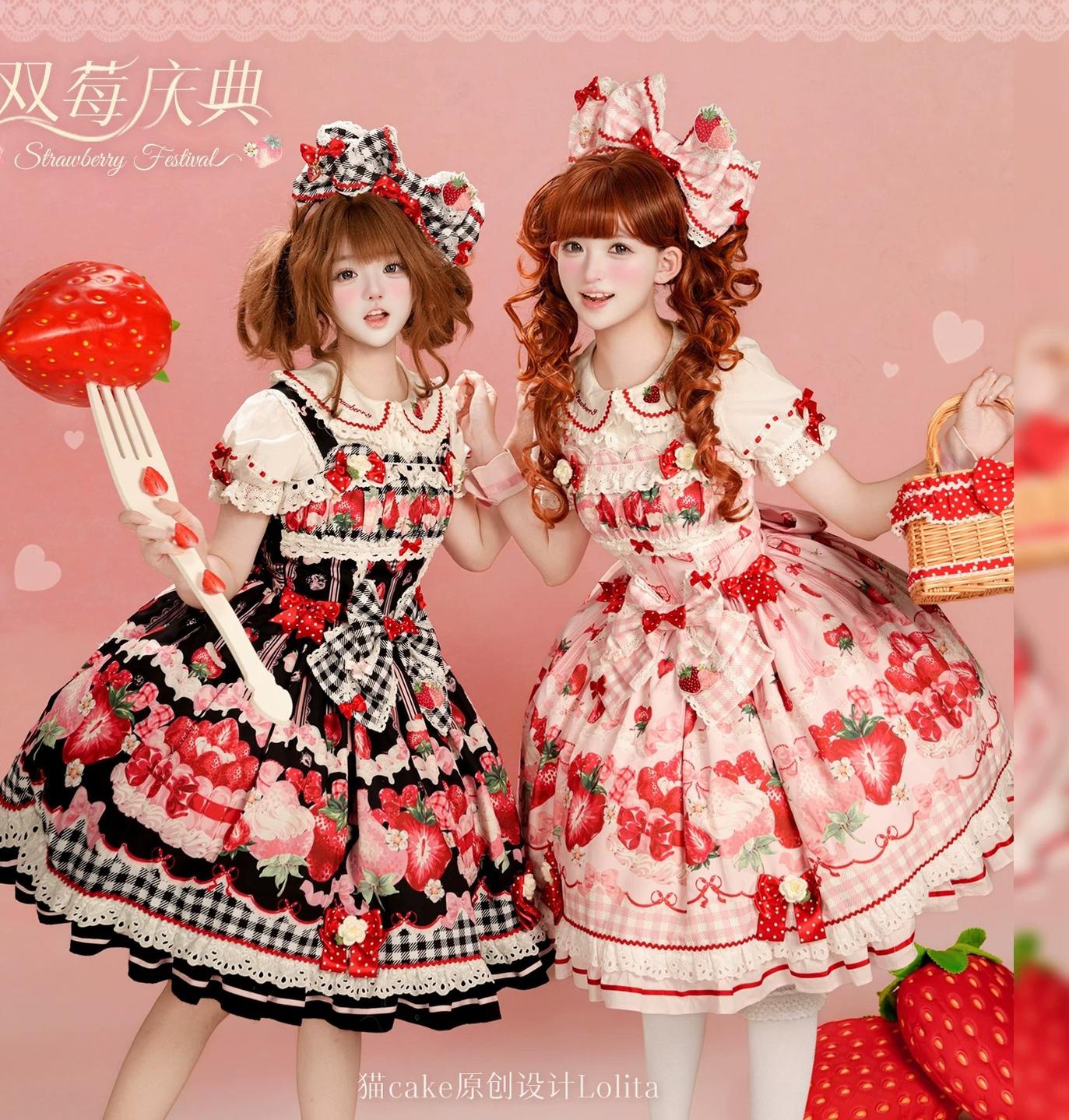 Strawberry Festival - Cotton Sweet Lolita JSK Dress with Strawberry and Cream Print 45735:860389